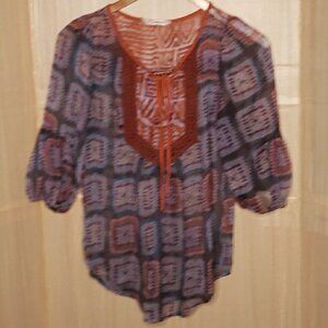 Gibson Orange Blue Sheer Boho Blouse Large